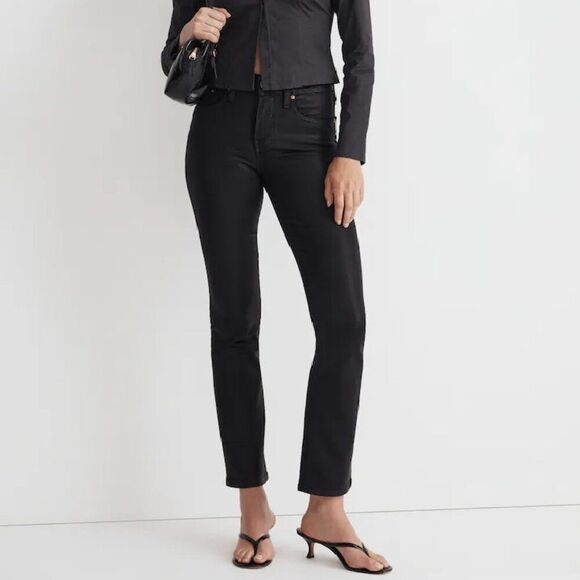 Madewell Mid Rise Kick Out Flare Crop Jeans in True Black Wash Coated Edition 33 - Picture 1 of 8